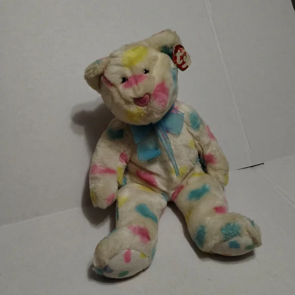 Vintage Beanie Baby Kissme.Ty Multicolor Plush Bear with Blue Bow - Picture 2 of 5